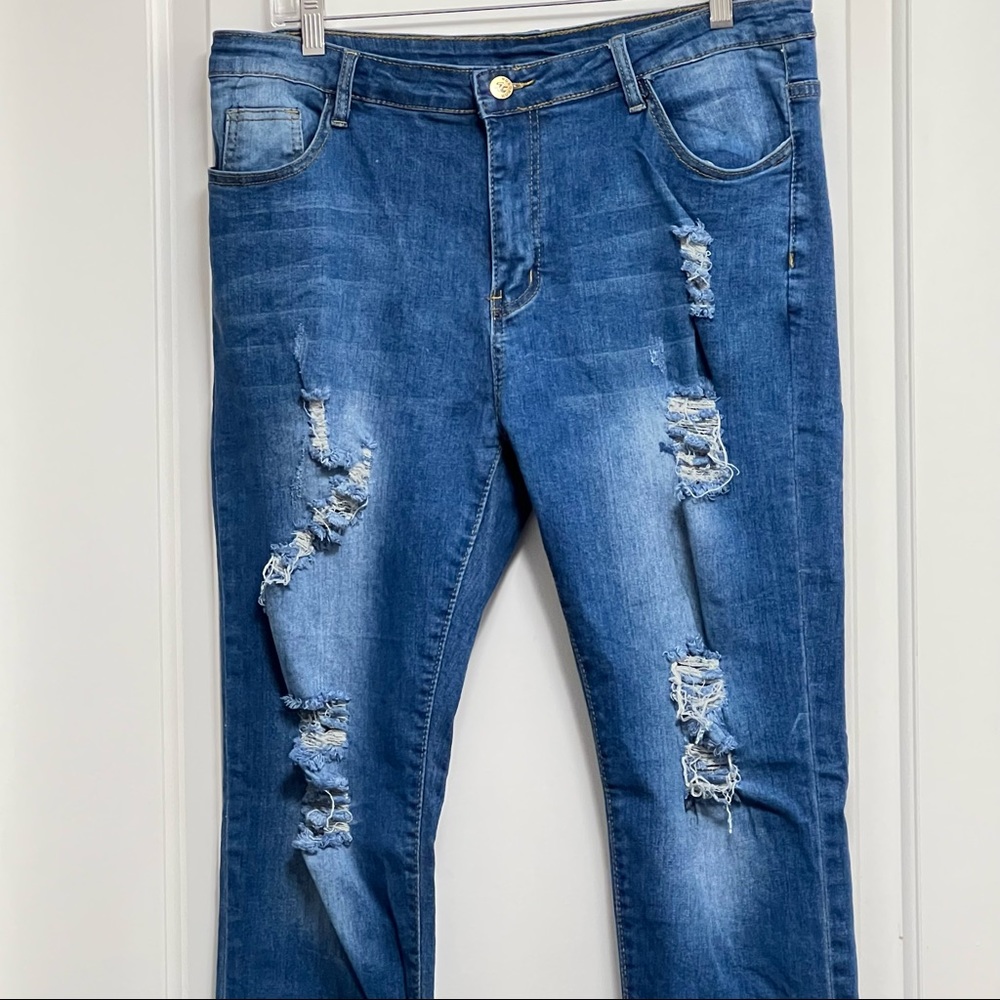 NWT Hungson Mens Slim Straight Blue Jeans Ripped Destroyed Tapered Leg 34x30